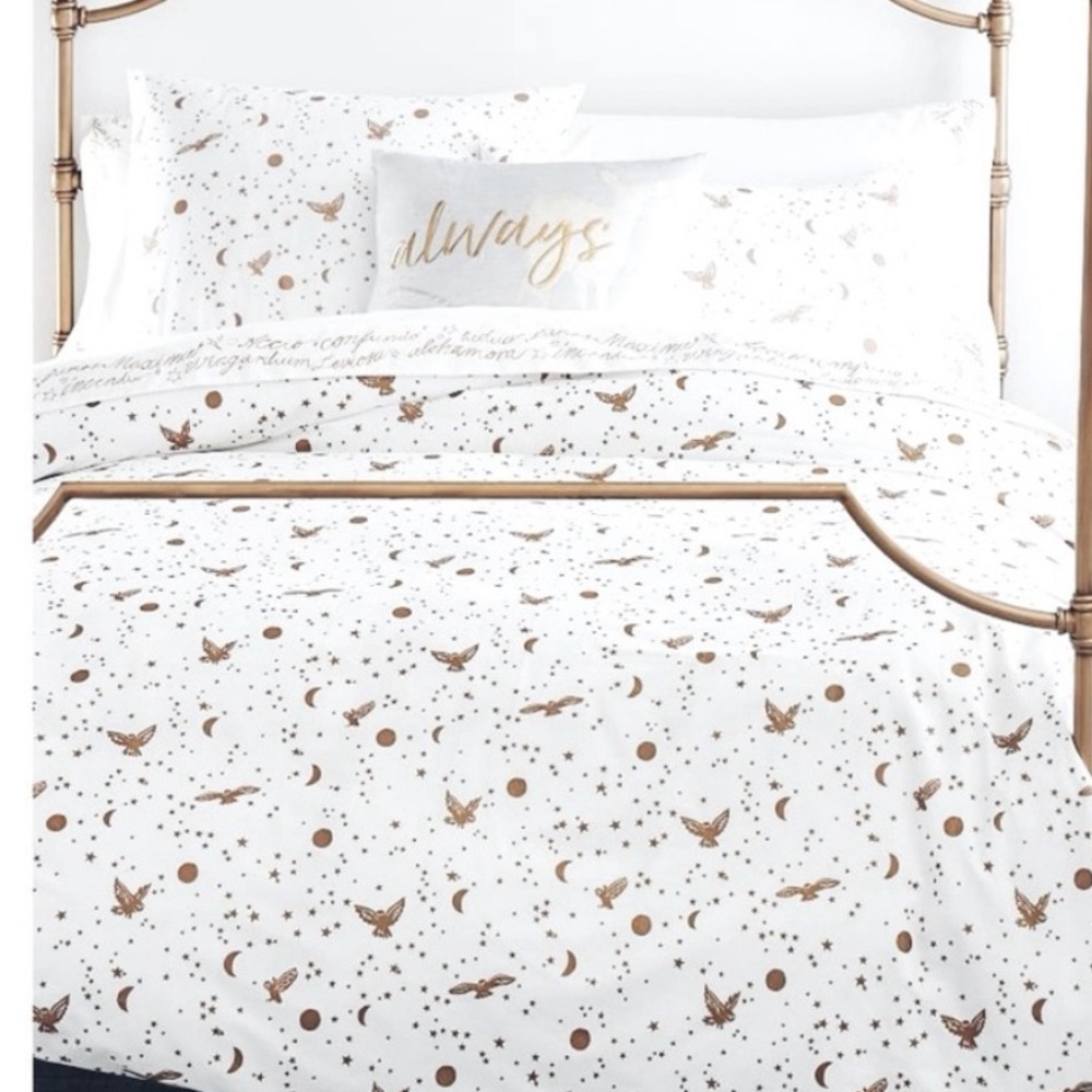 Pottery Barn Harry Potter Duvet cover, pillow sham and Golden Snitch Pillow.